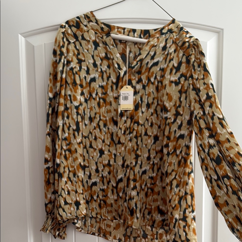 JODIFL Tan and Brown Ruffled Blouse with Mandarin Collar